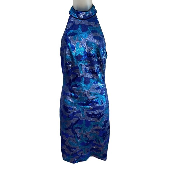 SHO By Tadashi Shoji Blue & Turquoise Sequin Camo Halter Mini Dress 19” Armpit T - Picture 2 of 8